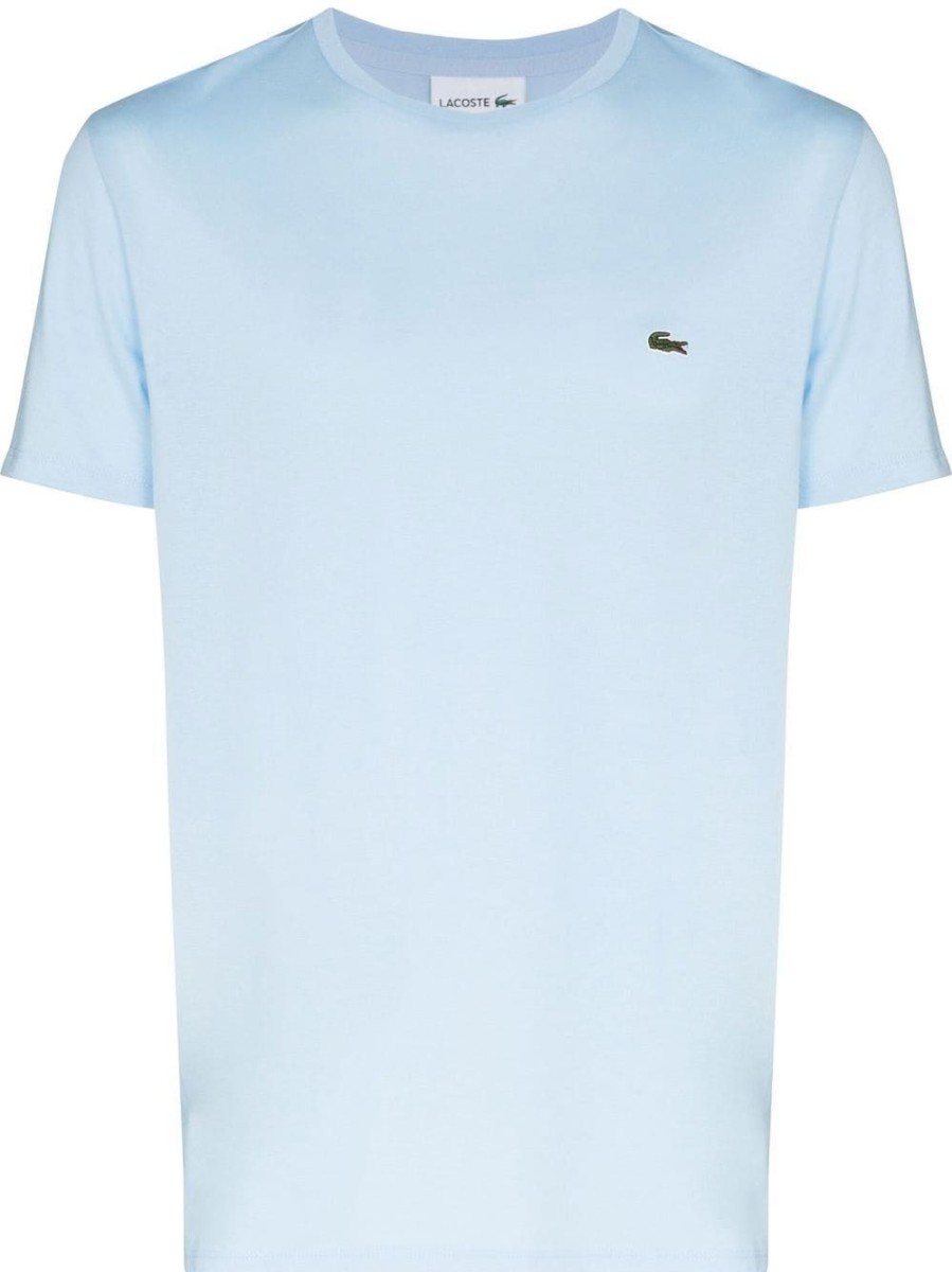 Uomo LACOSTE | T-Shirt Azzurra Con Logo Ricamato Sul Petto