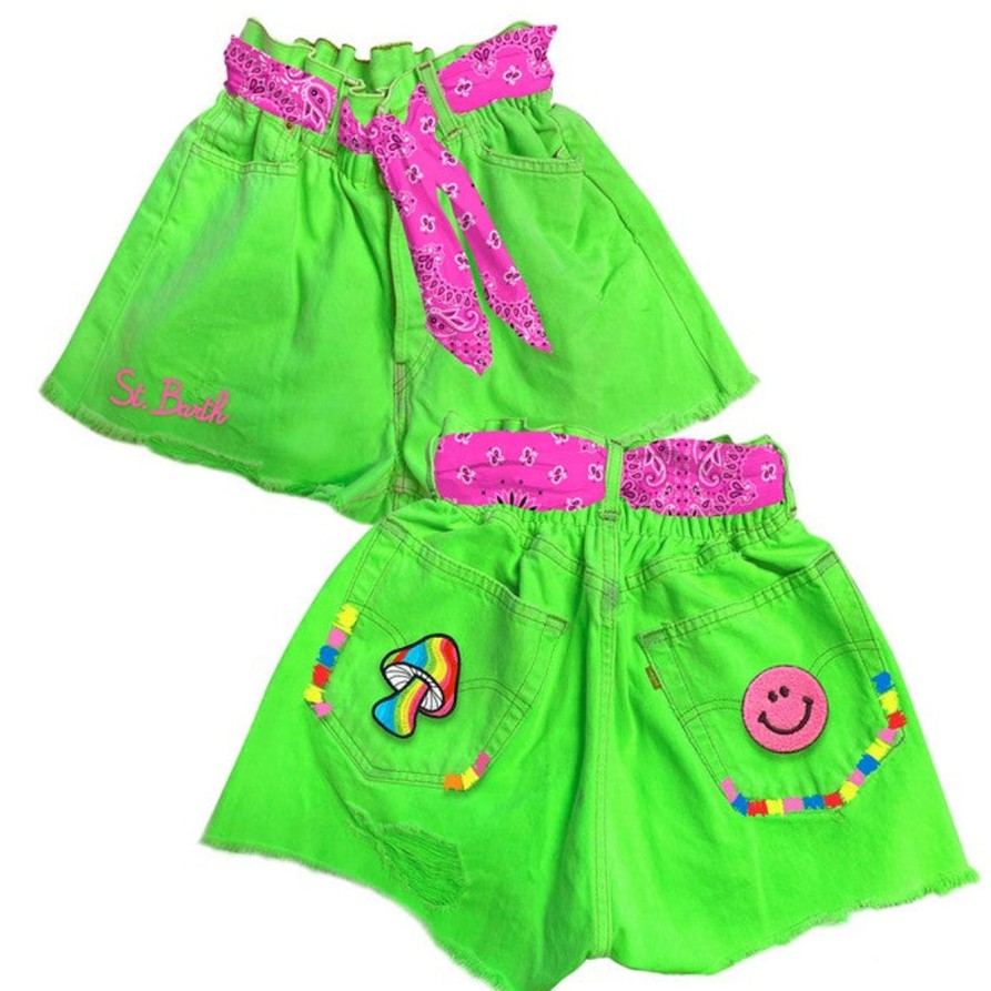 Donna MC2 SAINT BARTH | Shorts Verde Fluo/Rosa Con Toppe Sulle Tasche