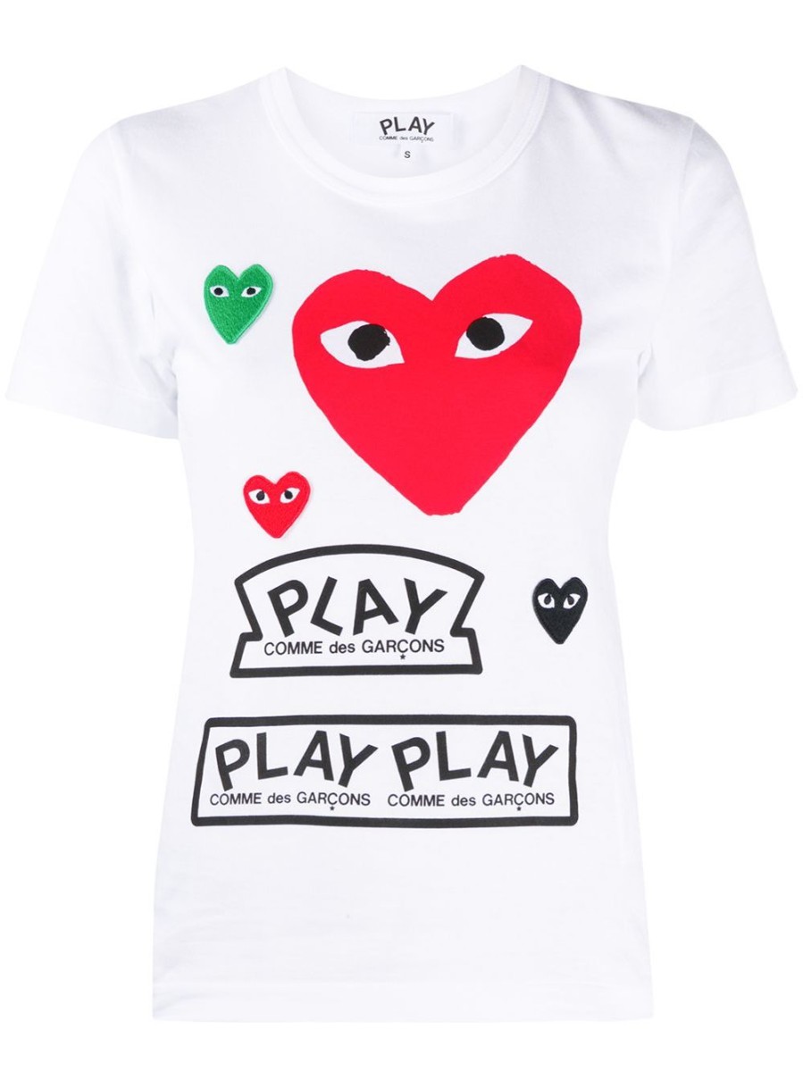 Donna COMME DES GARÇONS PLAY | T-Shirt A Maniche Corte In Cotone Bianco Con Stampa Cuori