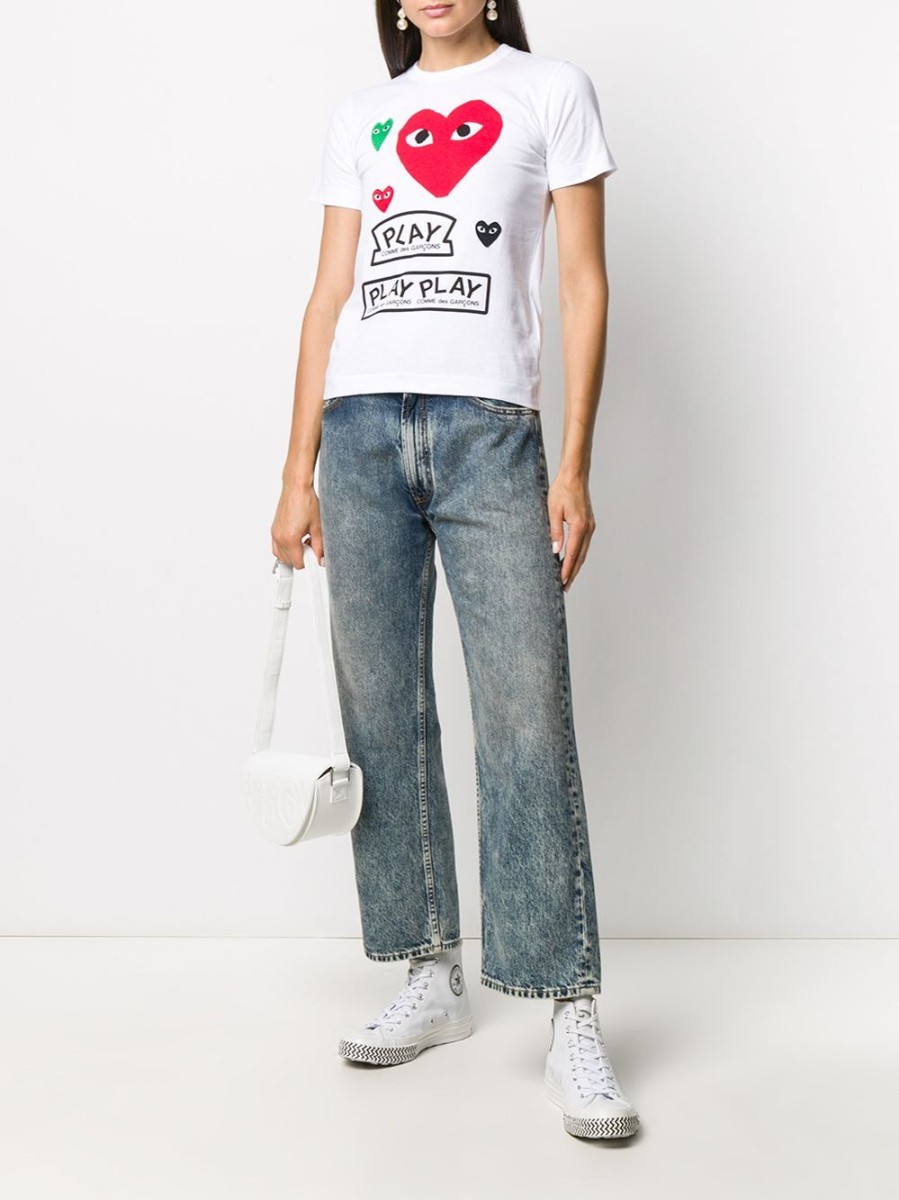 Donna COMME DES GARÇONS PLAY | T-Shirt A Maniche Corte In Cotone Bianco Con Stampa Cuori