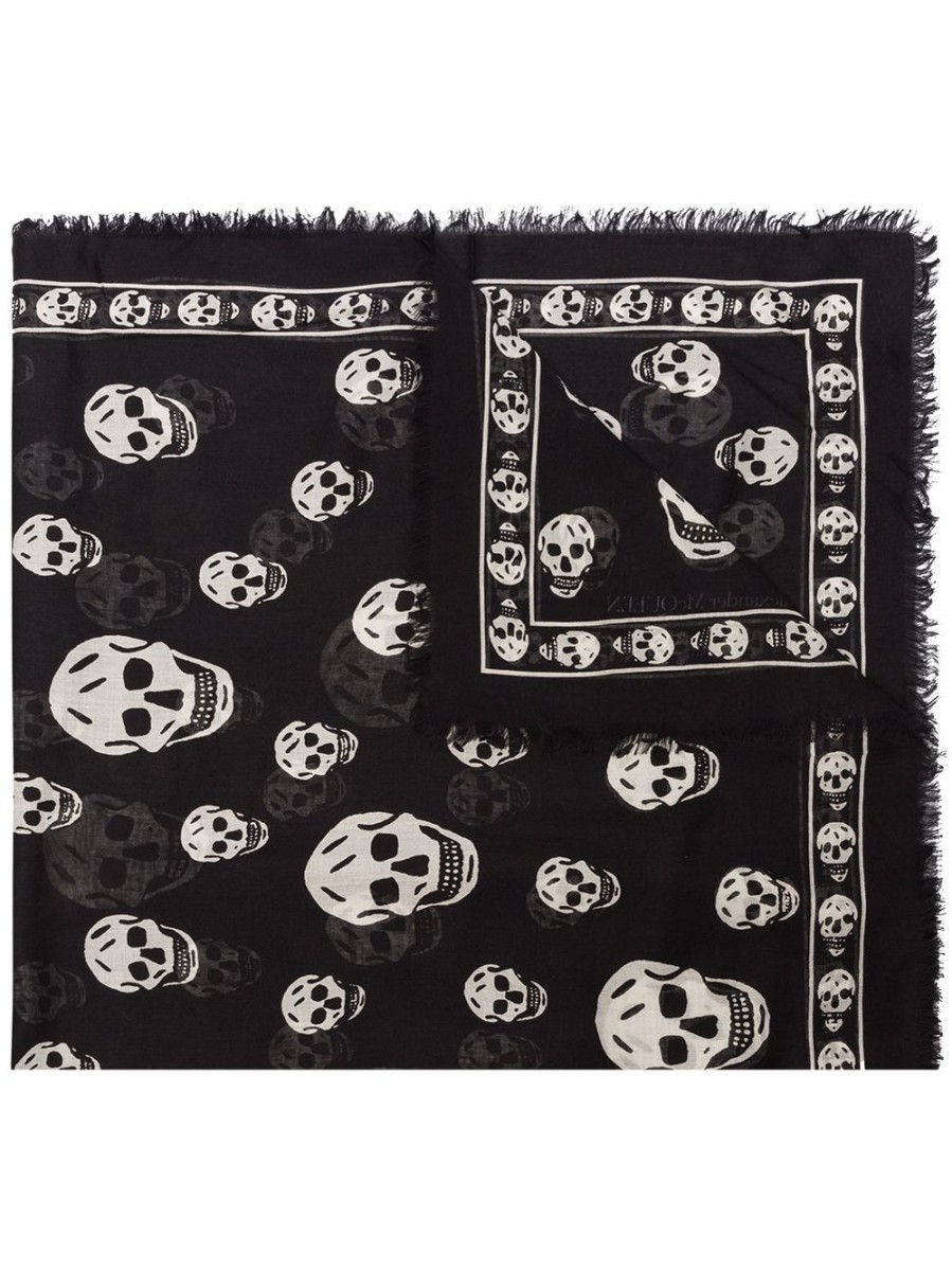 Uomo ALEXANDER MCQUEEN | Foulard In Misto Seta Nera Con Stampa Teschio