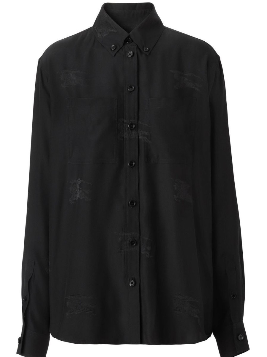 Donna BURBERRY | Camicia Nera In Seta Con Logo All Over