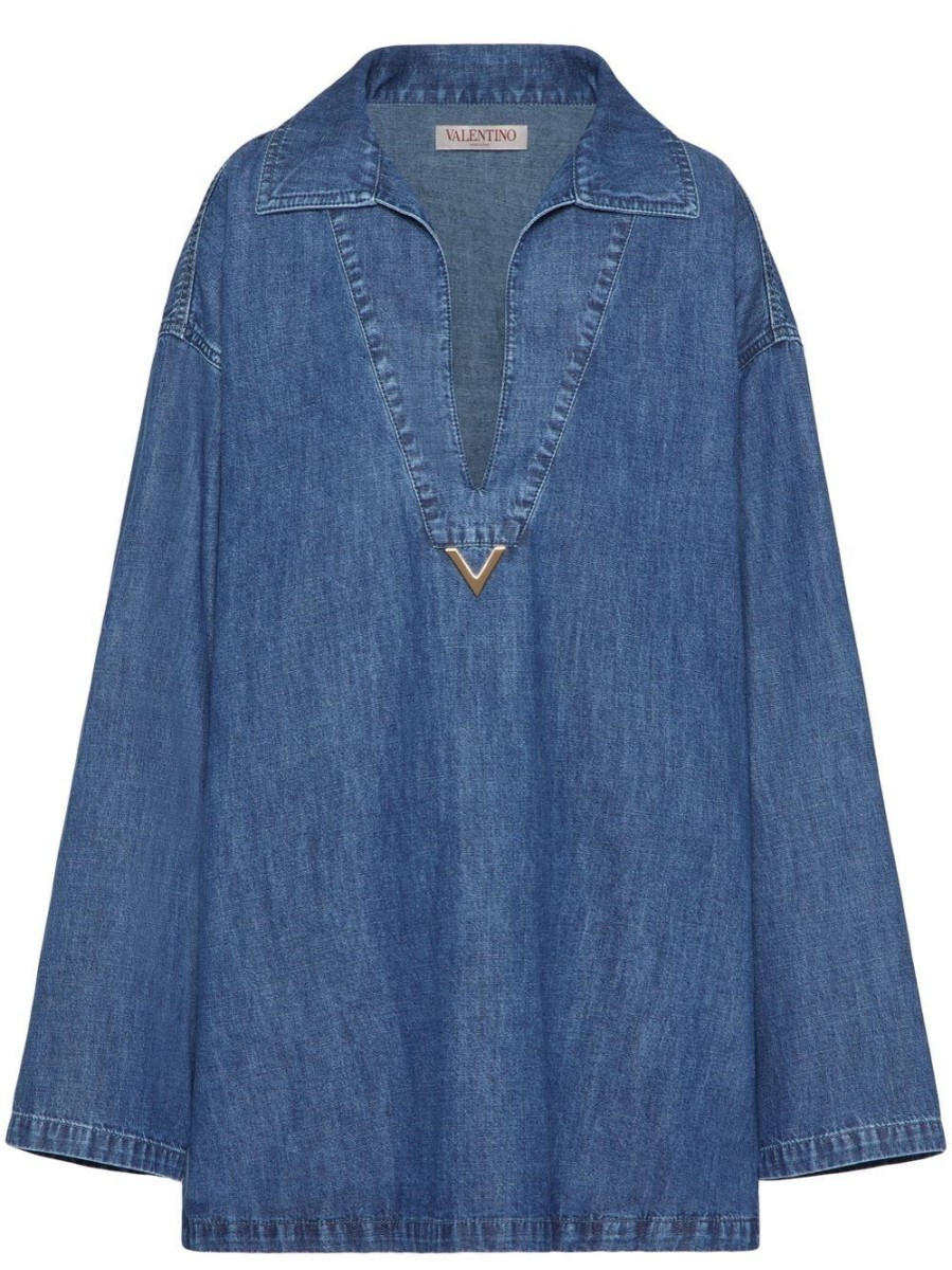 Donna VALENTINO GARAVANI | Top In Denim Cut-Out Con Placca Logo